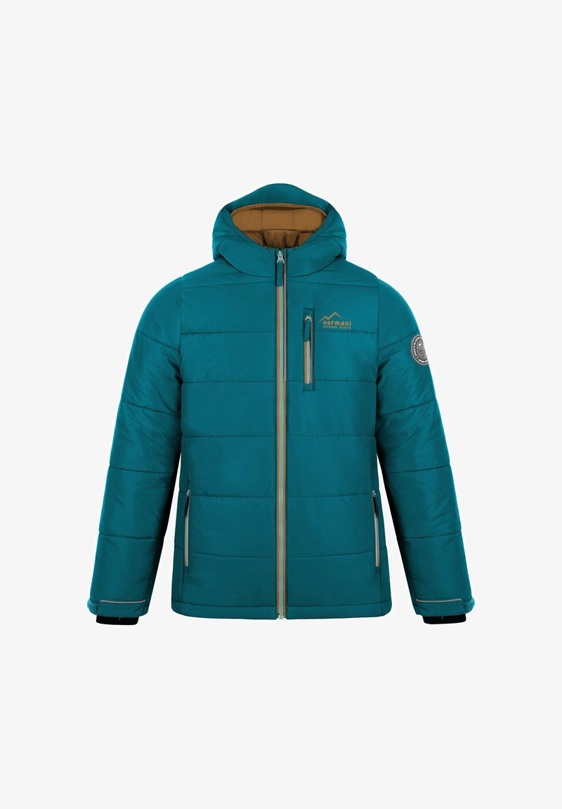 Teal puffer jacket with hood, zippered front, side pockets, and elastic cuffs. Features horizontal quilted panels and contrasting brown lining.