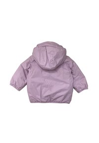 Giacca puffer lilla con cappuccio, polsini elasticizzati e design cropped. Realizzata in materiale leggero e liscio con finitura opaca.