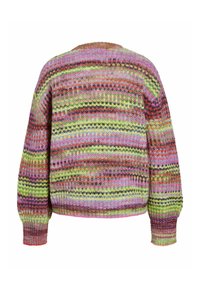 Maglione lavorato a maglia multicolore con strisce orizzontali in rosa, verde, arancione e nero. Vestibilità ampia con polsini e orlo a coste.