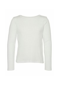 Vit, långärmad stickad topp med ribbat mönster och rundad halsringning. Enkel, figurnära design med minimal detaljer.