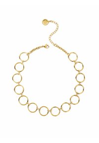 Collar de metal dorado con anillos circulares enlazados, con una cadena desmontable y un cierre de langosta para abrochar.