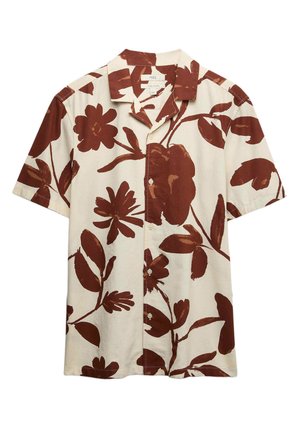 Koszula z krótkim rękawem w kolorze kremowym z dużym brązowym kwiatowym nadrukiem, zapinana na guziki z kołnierzem typu camp.