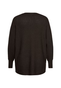 Pull en maille côtelée noire à manches longues avec un col arrondi et des poignets ajustés, vu de dos sur fond blanc.