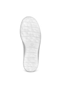 White rubber shoe sole with hexagonal patterns and circular grips, featuring a logo and textured design for traction and durability.