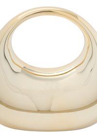 Metallisk guldvase med et afrundet design og en glat, reflekterende overflade. Har en bred åbning øverst og en buet base.