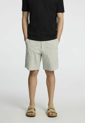 Gestreepte shorts in lichtgroen en wit, gemaakt van een lichtgewicht materiaal. Gecombineerd met een zwart T-shirt met korte mouwen en beige sandalen.
