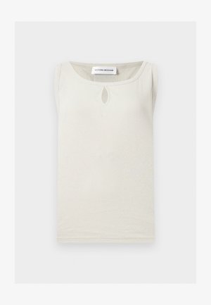 Bezrukávový krémový top s malým kvapkovým výrezom pod okrúhlym výstrihom, s nálepkou Victoria Beckham vo vnútri goliera.