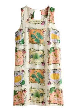 Robe sans manches longueur genou avec encolure carrée, présentant des blocs d'imprimés botaniques et de fruits colorés sur fond crème.