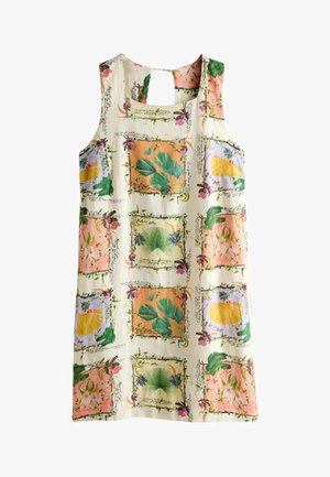 Ærmeløs knælang kjole med firkantet halsudskæring med farverige botaniske og frugtprintblokke på en cremet baggrund.