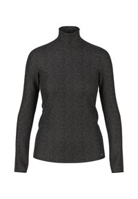 Schwarzer Rollkragenpullover aus strukturiertem Stoff. Verfügt über lange Ärmel und ein tailliertes Design, mit einem kleinen Logo am unteren Saum.