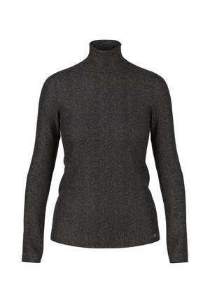 Black turtleneck sweater made from textured fabric. Features long sleeves and a fitted design, with a small logo on the lower hem.