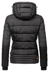 Black puffer jacket with a hood, featuring a quilted design, ribbed cuffs, and a textured finish. Includes a small brown leather tag.