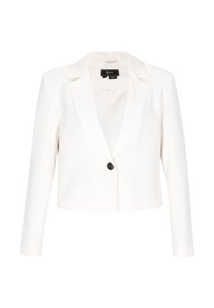 Biały krótki blezer z długimi rękawami, klapami z wycięciem i pojedynczym czarnym guzikiem, prezentowany na jednolitym białym tle.