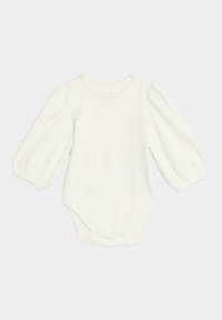 Vit, ribbad bodysuit för spädbarn med långa puffärmar och tryckknappsstängning i botten. Mjukt material och rund halsringning.