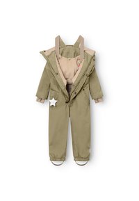 Olijfgroen buitenpak met een beige binnenvoering, ritssluiting, drukknoopsluiting, elastische boorden en een stervormige accent aan de voorkant.