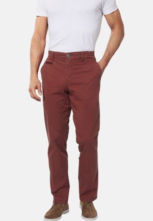 Burgundy cotton pants with a straight-leg design, two front pockets, and a single back pocket. Features a button closure and belt loops.
