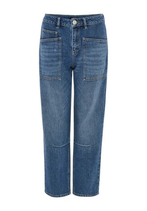 Blue denim jeans with a loose fit, featuring two front pockets and a button closure. The fabric has a smooth texture and subtle whiskering.
