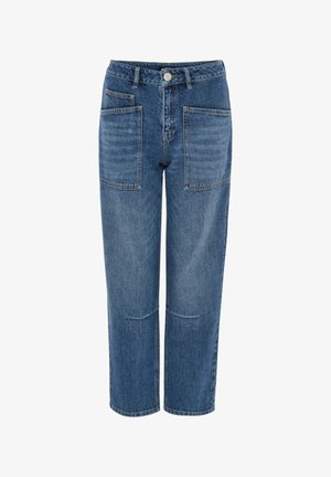 Blue denim jeans with a loose fit, featuring two front pockets and a button closure. The fabric has a smooth texture and subtle whiskering.