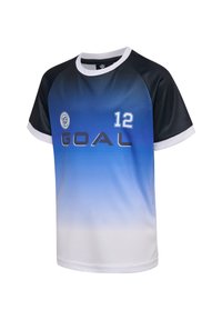 Kortärmad tröja i gradientdesign som går från blått till vitt, med svart text "GOAL" och siffran "12" i blått, med en vit krage.