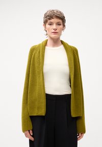 Cardigan lavorato a maglia verde oliva con apertura frontale, tessuto testurizzato, spalle scese e maniche allungate, abbinato a un top aderente crema e pantaloni neri.