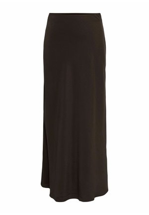 Jupe longue noire en tissu léger, présentant une coupe décontractée et une fente latérale discrète pour faciliter les mouvements. Texture douce et lisse.