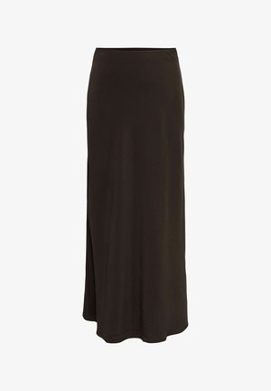 Jupe longue noire en tissu léger, présentant une coupe décontractée et une fente latérale discrète pour faciliter les mouvements. Texture douce et lisse.