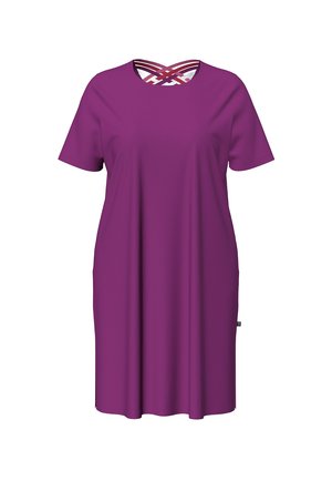 Vestito viola al ginocchio con maniche corte e dettaglio di bretelle incrociate sullo scollo.