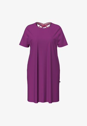 Lila knielanges Kleid mit kurzen Ärmeln und gekreuzten Trägerdetails am Ausschnitt.