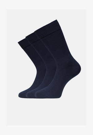 Three pairs of navy blue cotton socks with a ribbed cuff, smooth texture, and a classic crew sock shape. Standard length and design.