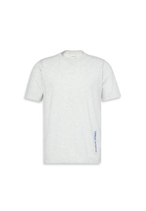 T-shirt de manga curta cinza claro com decote redondo e logótipo azul "Calvin Klein" vertical na costura lateral inferior.