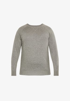 Lekki szary sweter z długim rękawem i okrągłym dekoltem, z prążkowanymi mankietami i dołem, z małym naszywanym trójkątnym detalem pod szyją.