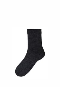 Dark gray sock made from a textured fabric, featuring a ribbed cuff and a smooth body with a reinforced toe and heel.