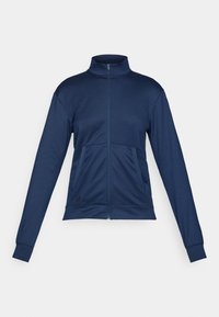 Navy blue full-zip track jacket with high collar, long sleeves, two front pockets, and elastic cuffs.