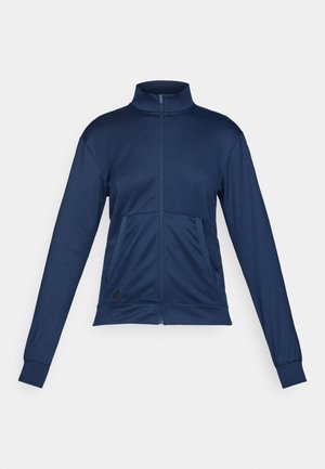 Navy blue full-zip track jacket with high collar, long sleeves, two front pockets, and elastic cuffs.