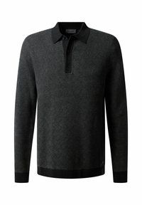 Langarm-Polohemd in Schwarz mit einem strukturierten Rautenmuster. Mit einem kontrastierenden schwarzen Kragen und einer Knopfleiste mit drei Knöpfen.