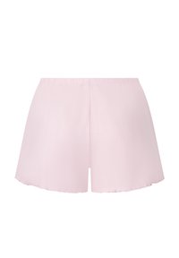 Hellrosa Baumwollshorts mit rippiger Textur, elastischem Bund und einer wellenförmigen Saumkante, entworfen für Komfort und legere Trageweise.