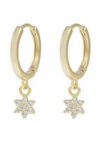 Guldörhängen med en blomstercharm bestående av sex klara kristaller, med en blank yta och en säker gångjärnsstängning.