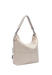 Beżowa skórzana torebka na ramię o luźnym kroju, z pojedynczym paskiem i delikatnymi detalami przeszycia. Gładka faktura z minimalistycznym kształtem.