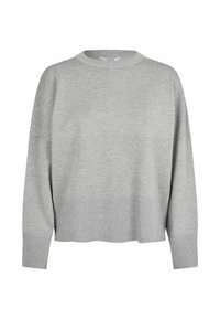Maglione grigio chiaro oversize con scollatura rotonda, spalle cadenti e polsini e orlo a coste. Tessuto morbido e testurizzato.