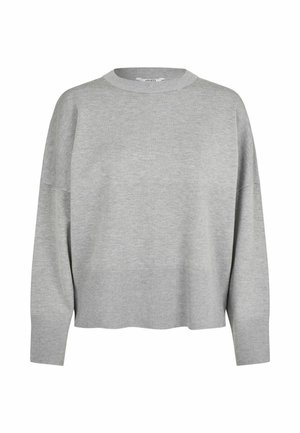 Light gray loose-fitting sweater with a round neckline, dropped shoulders, and ribbed cuffs and hem. Soft textured fabric.