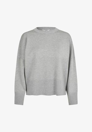 Šviesiai pilkas laisvas megztinis su apvalia iškirpte, nuleistais pečiais ir kraštuose bei rankogaliuose su įrimbimais. Minkšta tekstūruota medžiaga.