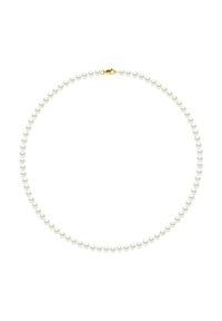 Collier en perles blanches composé de perles de taille uniforme disposées en un design circulaire, avec un fermoir en or.
