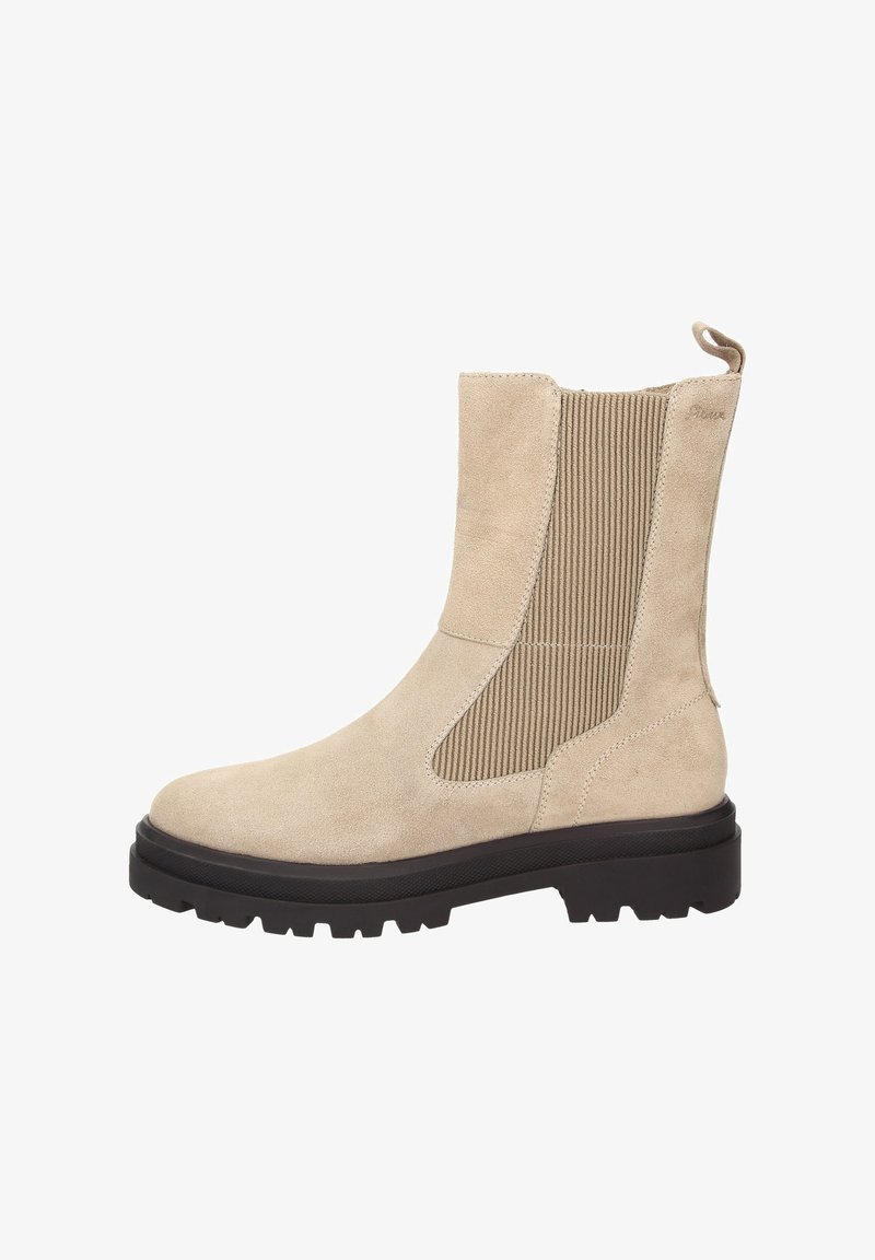 Beige Wildlederschuh mit geripptem elastischem Seitenteil, Zuglasche hinten und dickem schwarzem Profilsohle.