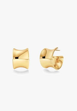 Goldfarbene Creolenohrringe mit glatten, geschwungenen Oberflächen. Sie haben eine abgerundete Form und einen sicheren, klappbaren Verschluss.