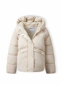 Veste d'hiver matelassée de couleur crème avec capuche et boutons-pression devant, dotée d'une doublure intérieure douce en polaire et de deux poches avant.