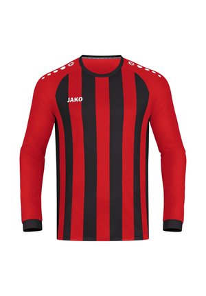 Rot-schwarzes Sporttrikot mit langen Ärmeln und vertikalen Streifen, schwarzen Bündchen, rundem Ausschnitt, weißem JAKO-Logo und weißen Punktemustern auf roten Schultern.