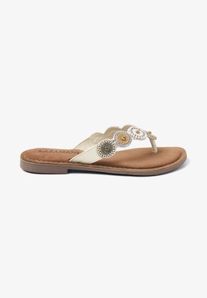 Lys beige flip-flop sandal med dekorative perle detaljer i varierende farver. Blødt, suede-lignende sål og glatte læderremme.