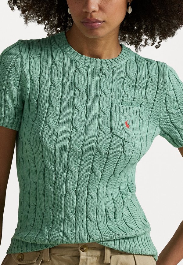 Cable Knit Cotton Short Sleeve Sweater - Basic T-shirt - celadon2