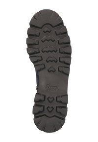 Suola di stivale nera e robusta con scanalature profonde e logo del marchio Sioux impresso vicino al tallone su uno sfondo bianco.