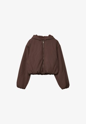 Veste en doudoune courte marron avec capuche, fermeture éclair à l'avant, poignets élastiques et taille élastique.